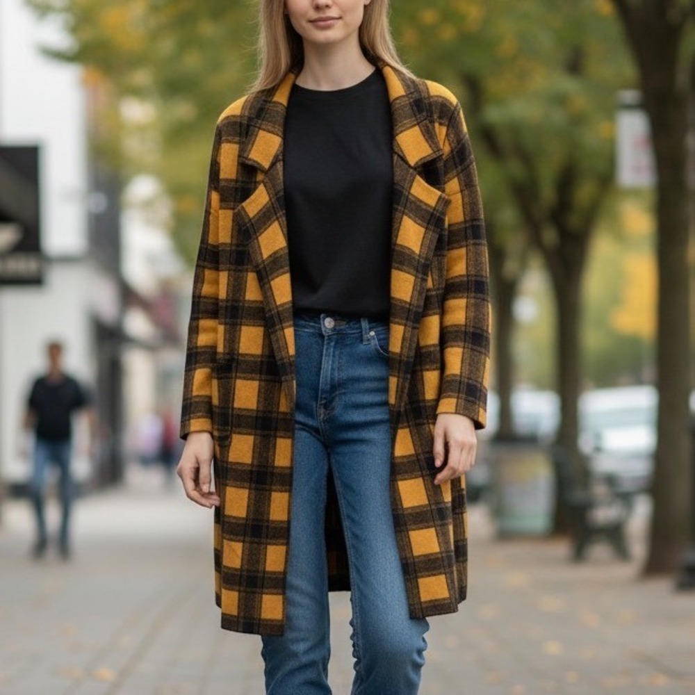 Love + Luxe Cardigan Coat Women XL Yellow Black Plaid Open Front Knit Duster NWT